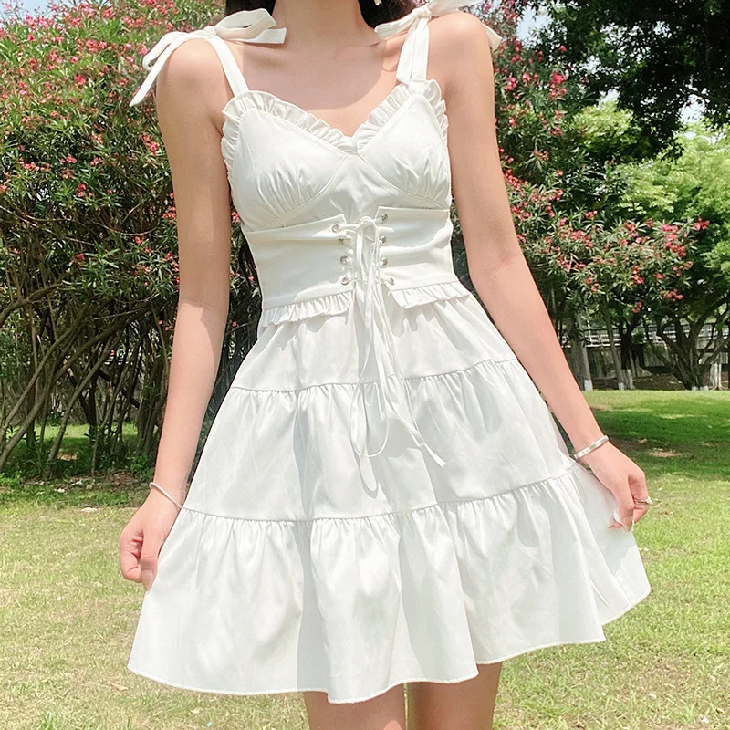 

Elegant Fashion White Female Sleeveless Mini Dress Summer Sexy Women White Summer Beach Dress Thin V-neck solid Sling Dress 2021
