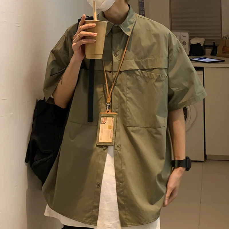 

Летняя хлопковая футболка для мужчин с модными карманами; Повседневная Рабочая Рубашка Мужская Уличная Корейская свободная футболка с кор...