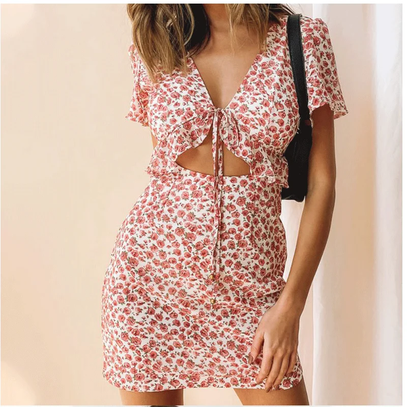 

2021 Summer Women's Dress V Collar Floral Print Short Sleeve New Hollow Out Folds Temperament Sexy Slimming Female Elegant Dress
