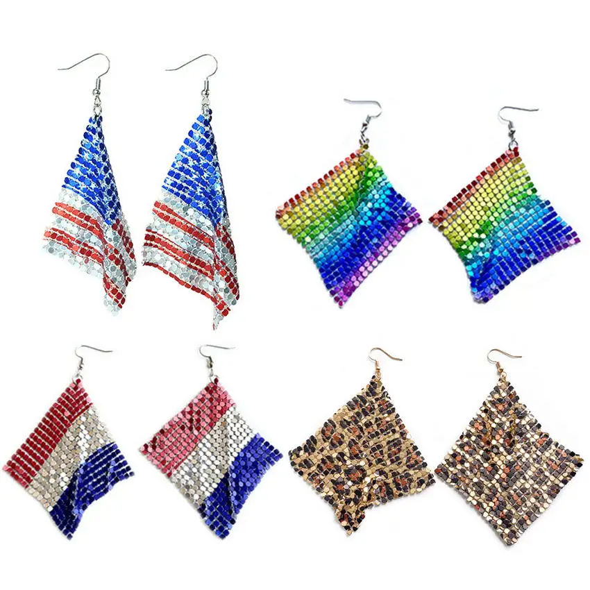 

Shine Rainbow Metal Sequins Earrings 2021 New Foldable France UK USA Flag Print Square Mesh Dangle Earrings Jewelry Wholesale