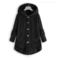 winter solid color plush coat womens button irregular hooded plush woolen coat top daily wear wm
