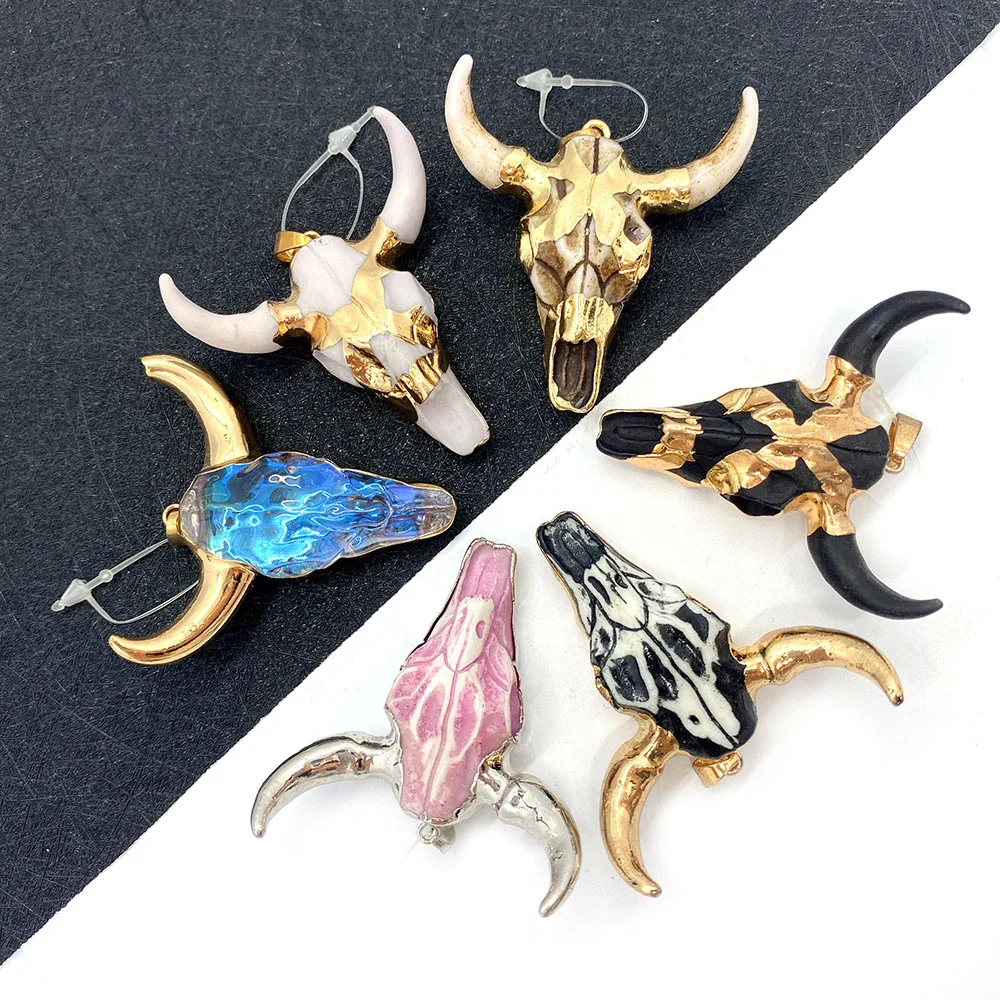 

Acrylic Pendant Natural Stone Inlaid Necklace Bull Head Shape DIY Making Necklace Pendant Accessories Charm Wholesale