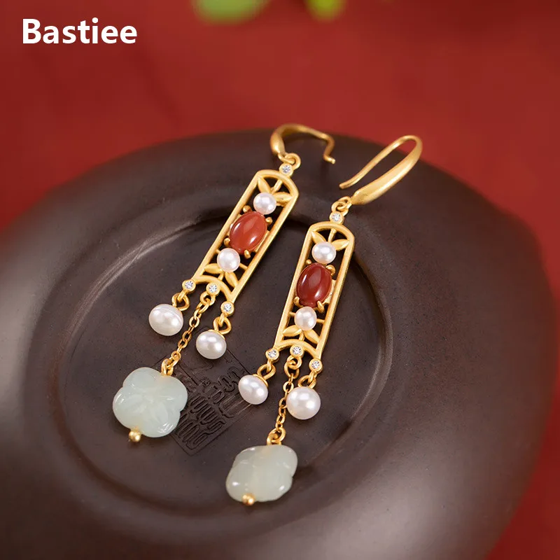 Bastiee Ethnic Drop Earrings 925 Sterling Silver Jewelry For Women Earings Gold Plated Red Agate Pearl
