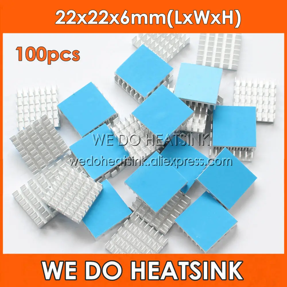 

WE DO HEATSINK 100pcs 22x22x6mm Silver Aluminum Heatsink Cooler For IC CPU AMD With Thermal Adhesive Transfer Tape Pads