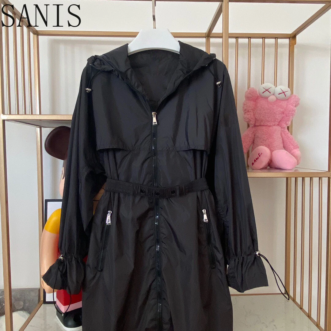 

Sanis 2021 Luxury Design Spring Autumn Casual Street Style Hooded Wide Waisted Belted Rain Coat Trench