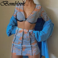 bomblook beach leisure vacation womens suit summer 2021 print v neck long sleeve crop tops mesh skirt sets femme streetwears