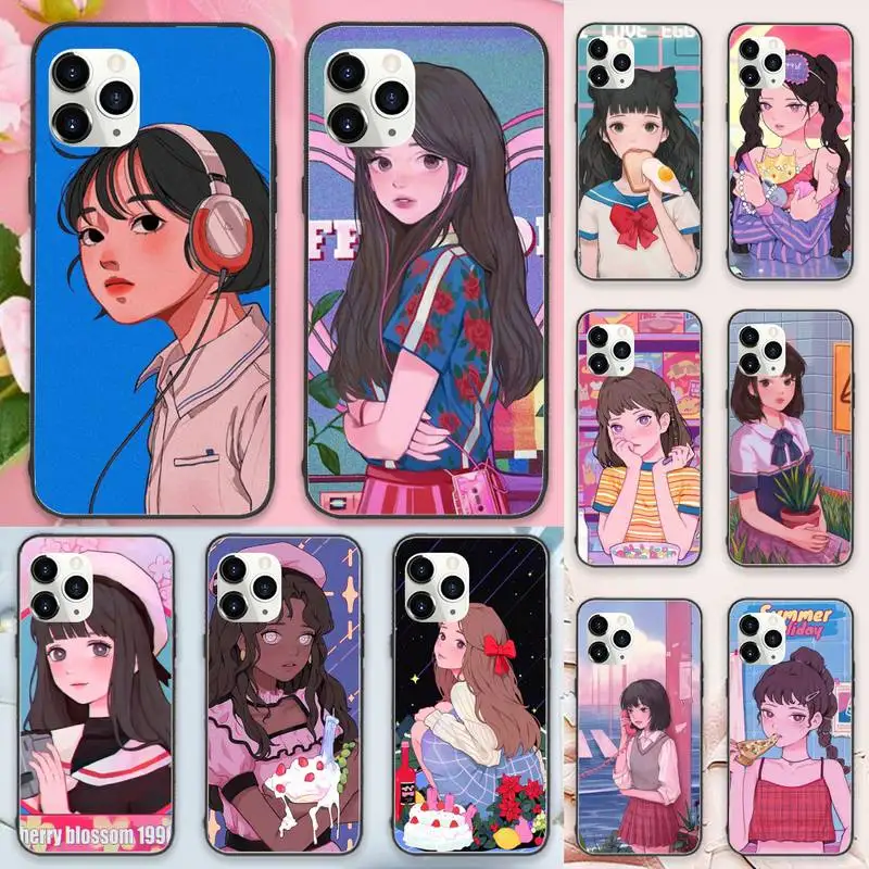 

Kawaii Japanese Anime illustration Girl Phone Case For iphone 12 11 13 7 8 6 s plus x xs xr pro max mini