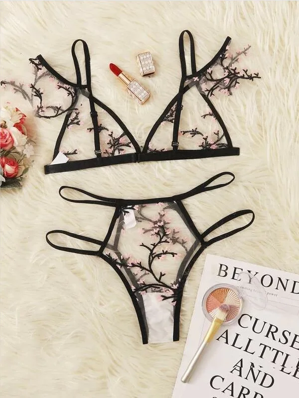 

Sexy Lace Bra Set Floral Embroidery Sheer Mesh Lingerie See Through Bralette Bras Panties Women Underwear Intimates Sets