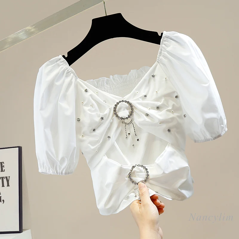 Perles de Diamant Arc Chemise femme Nouveau Manches Courtes Bouffantes Col en V Hors Épaule Slim Nombril Exposé Haut Court Dames Blouses