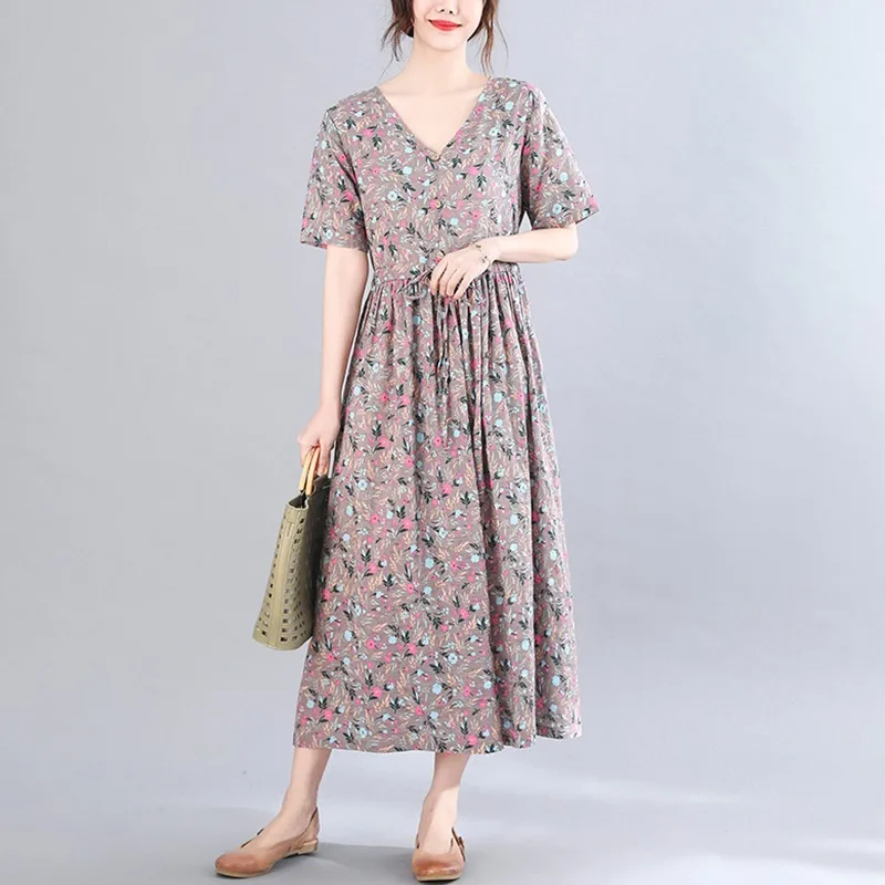 

Women Summer Cotton Linen Long Dress New Arrival 2021 Vintage Style V-neck Print Loose Comfortable Female Casual Dresses S3953