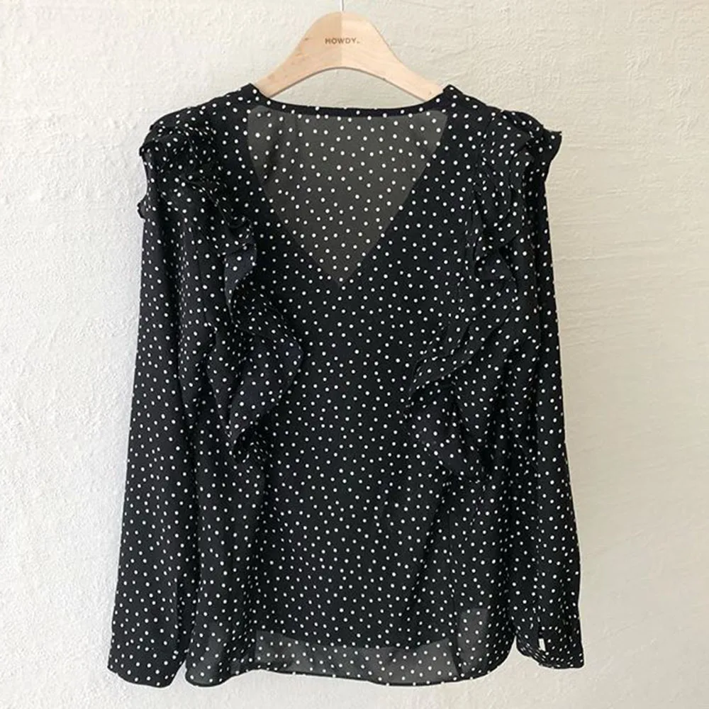 

Korean Chiffon Blouse Women 2021 Long Sleeve Black Polka Dots Falbala Shirts Office Lady Elgant Causal Tops Shirts Japan Summer