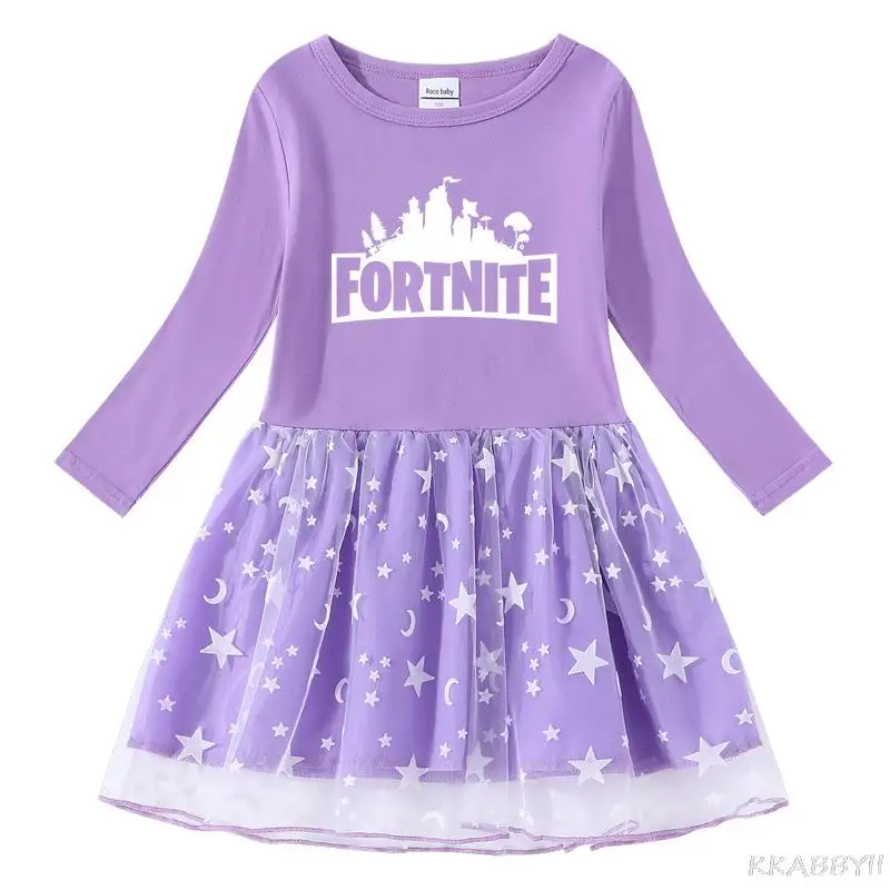Новинка весна-осень платье для девочек Fortnites хлопковое с мультяшным рисунком