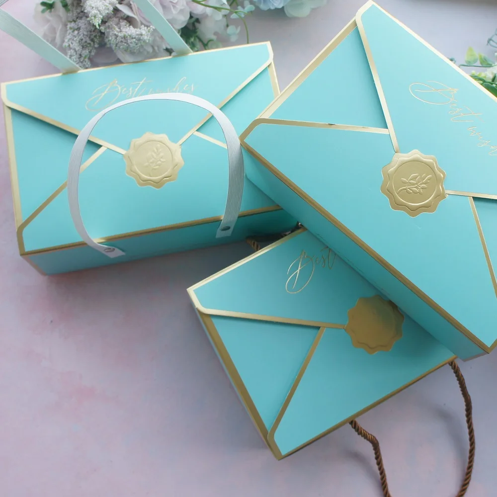 

21.5*14*8cm 10pcs Gold Aquamarine Best Wish Envelop Paper Box for Candy Cookie Chocolate Macaroon Gift Packaging Wedding Use