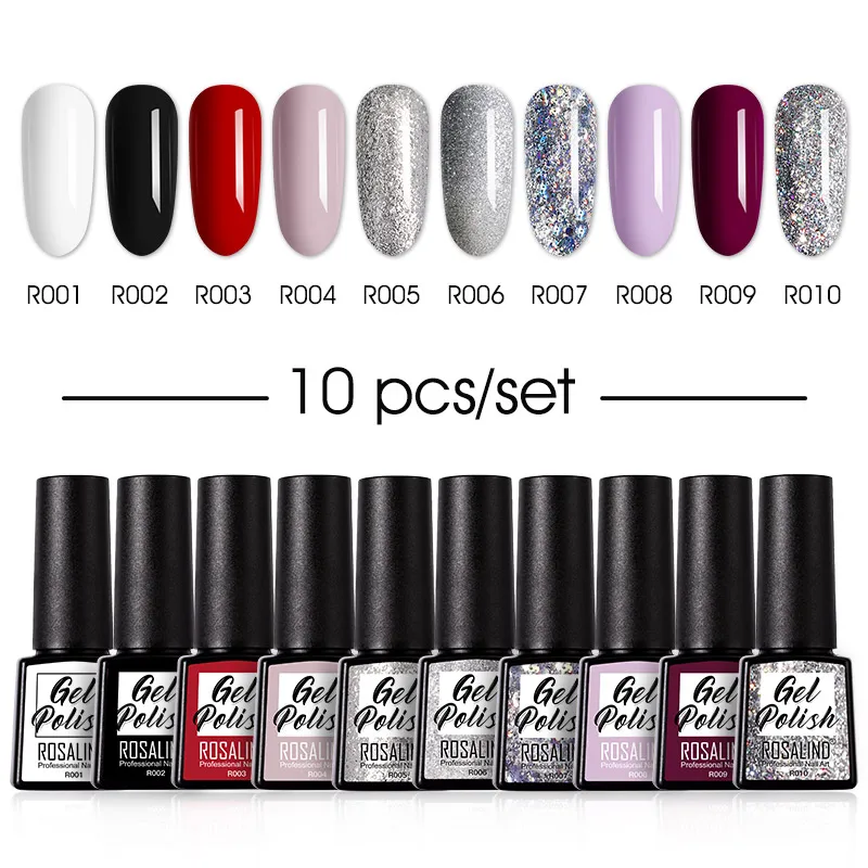

Rosalind 6/10/12 PCS Nail Gel Polish Pure Color Varnish Semi Permanent Sets Need Lamp Base Top Coat UV Gel Nail Art Manicure Kit