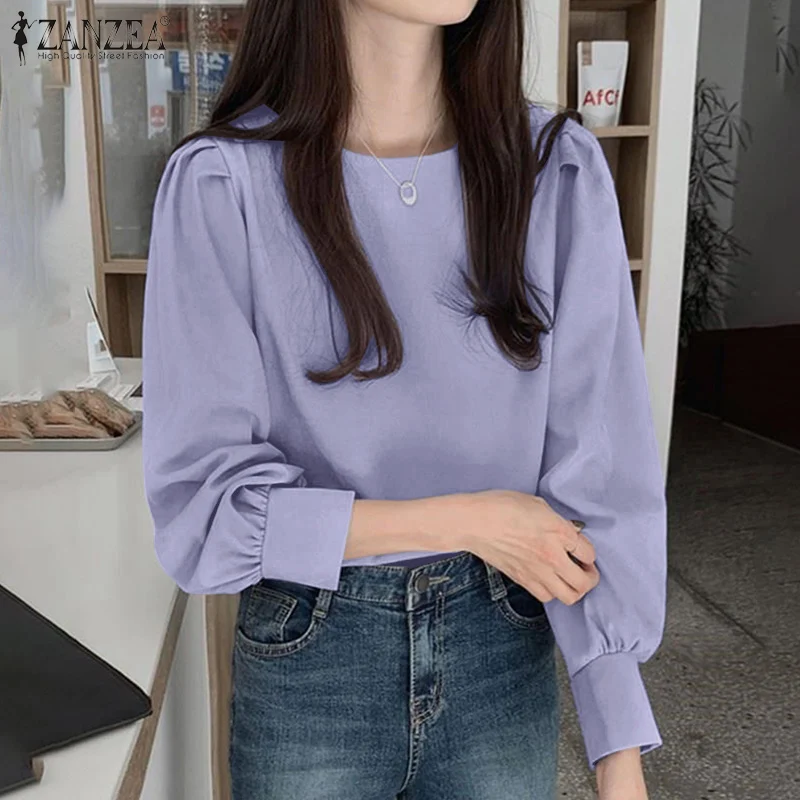 

Office Work OL Tunic Plain Tops Autumn Baggy Solid Blouse Women Holiday Party Shirt ZANZEA Casual Loose Long Puff Sleeve Chemise