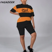 fagadoer patchwork striped women two piece sets casual pink letter print tops and short tracksuits outfits female casual clothes