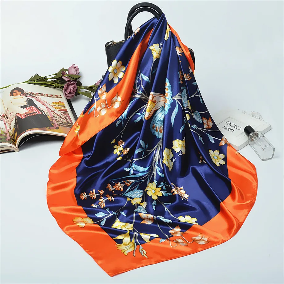 90 см женский шелковый шарф с цветком бабочки зимний брендовый квадратный Женская