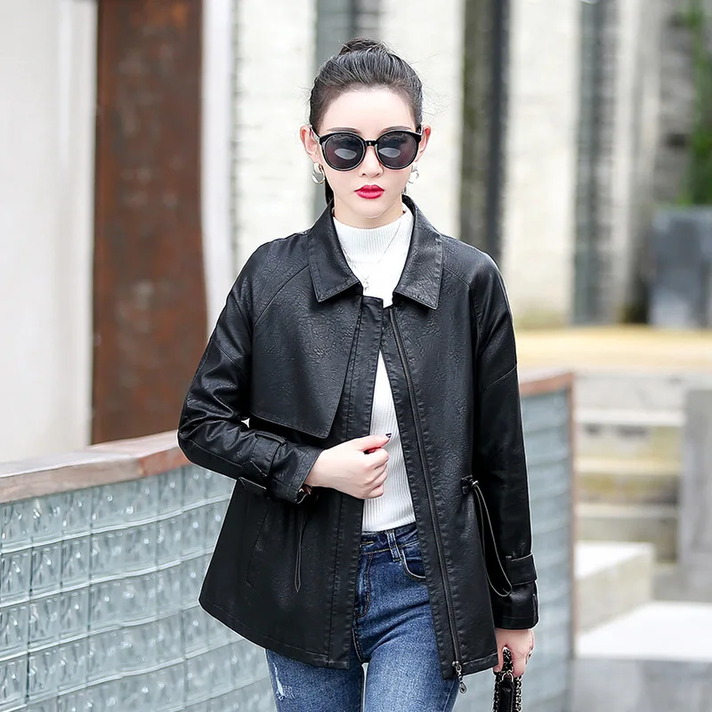 

Woman Large Size Leather Jackets Regular PU Leather Jacket Zipper Sashes Pockets Casual Adjustable Waist Womans Leather Jackets