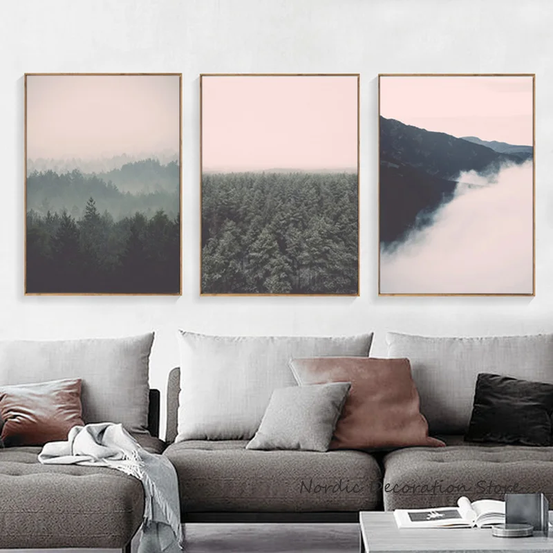 Лес Скандинавское украшение домашний пейзаж розовые постеры и принты черно