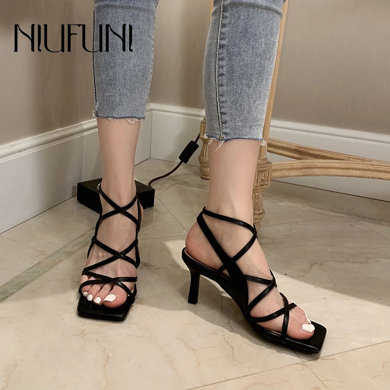 

NIUFUNI Women's Sandals 2021 Thin High Heels Elegant Pumps Ladies Shoes Narrow Band Summer Gladiator Sandals Shoes Hollow Buckle
