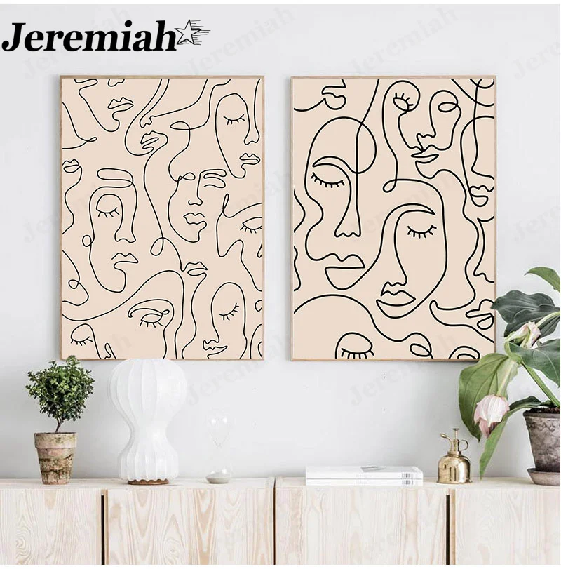 

Abstract Line Character Canvas Painting Simple Black and White Face Poster Wall Art Print Nordic Home Room Decoration