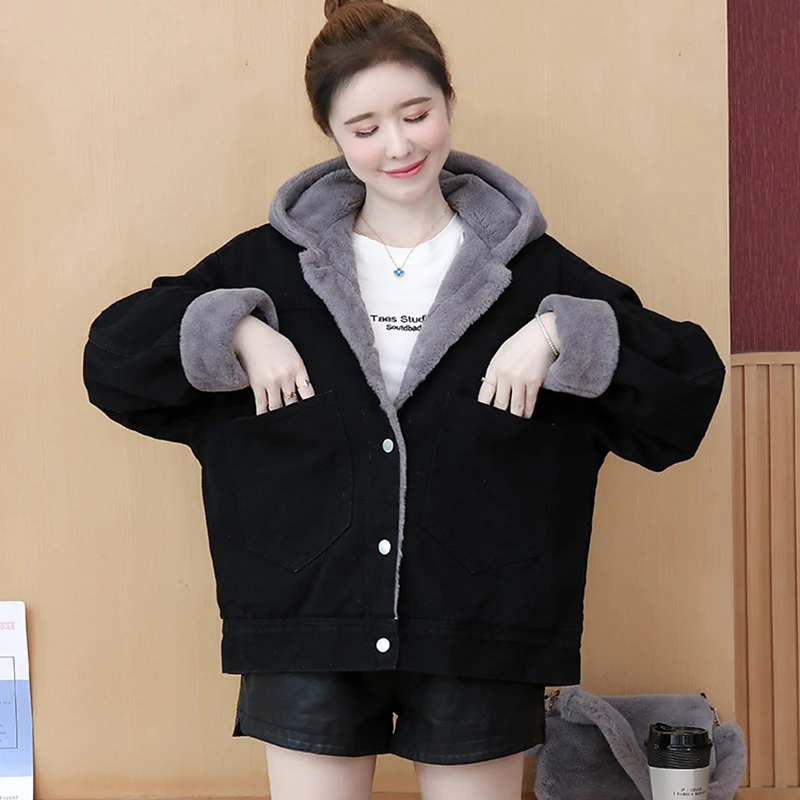 

Женская джинсовая куртка из овечьей шерсти, новинка осень-зима 2021, плюшевая утепленная свободная Корейская куртка, топ в стиле бойфренд