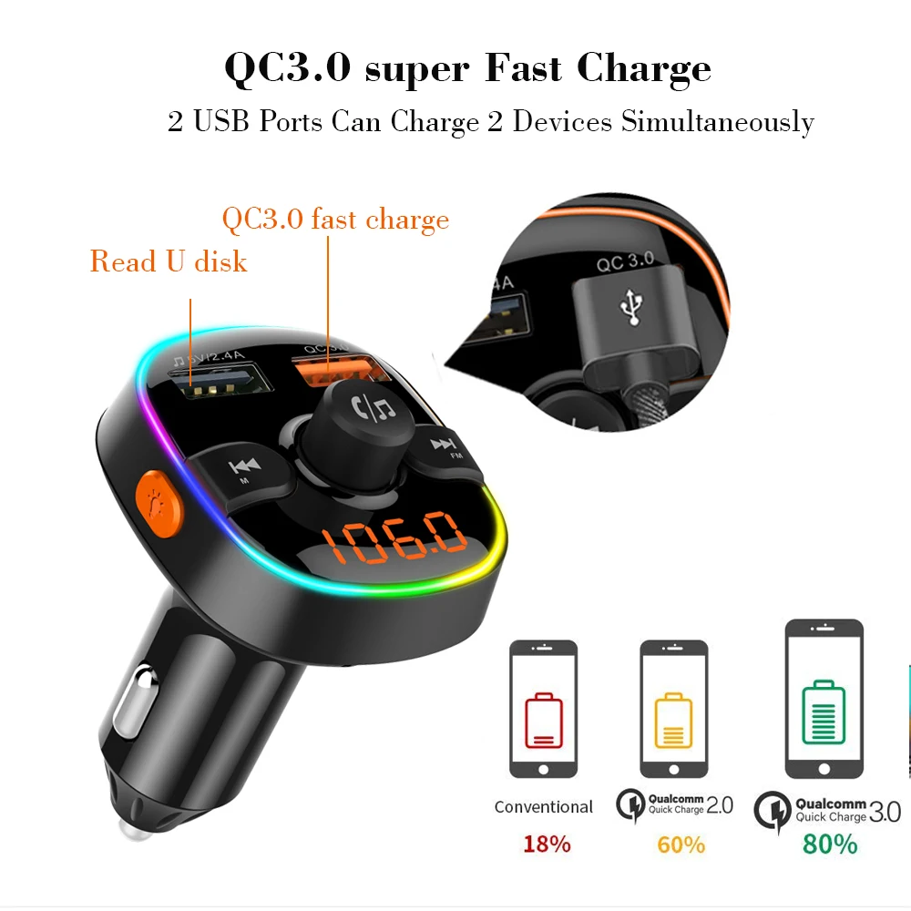 Двойной usb порт QC 3 0 быстрая зарядка автомобильное зарядное устройство Bluetooth fm