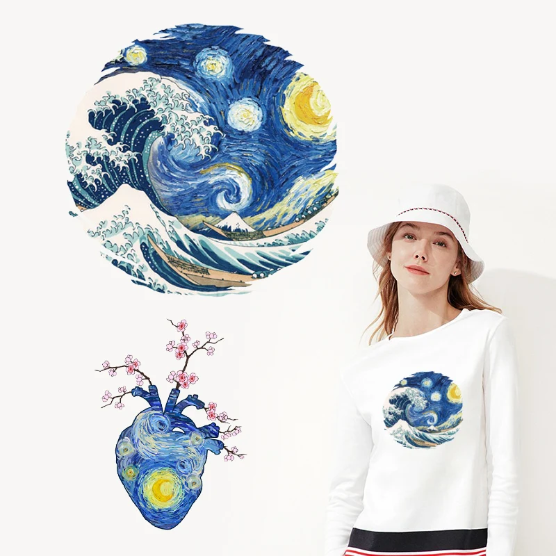 

Iron-on Transfers Van Gogh Painting The Starry Night Art stripe Thermal Vinyl Heat Transfer Patch For Clothes Applique Sticker