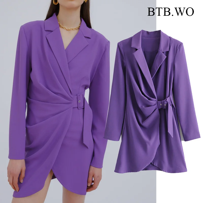 

BTB.WO Za Dress Women Purple Pleated Shirt Dress Office Wear Turn Down Collar Mini Dress Female Blazer Dresses Vestidos Mujer