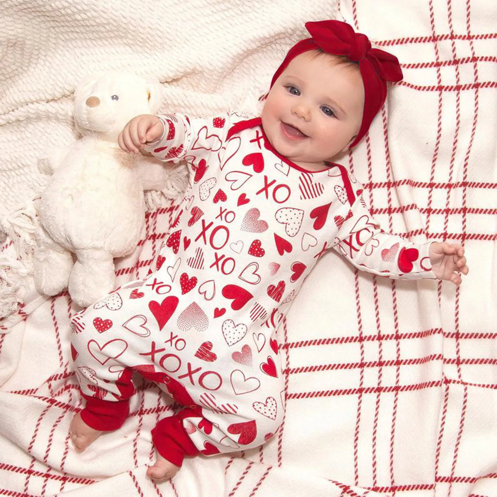 

Baby Girl Clothes Baby Clothes Jumpsuit Romper Infant Baby Girls Valentine's Day Hearts Print Romper Jumpsuit+Headbands