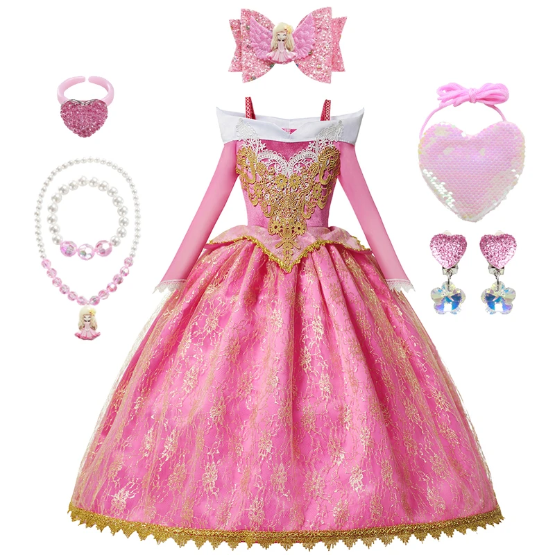 Платье Спящая Красавица Аврора для девочек Кружевное платье с длинными рукавами