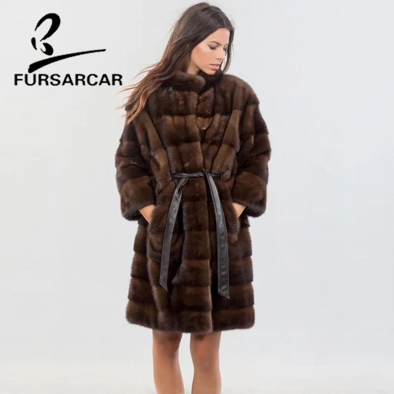 FURSARCAR Высококачественная натуральная норка шуба для женщин 90 см длинная норка шуба с воротником-стойкой женская шуба из натурального меха норки