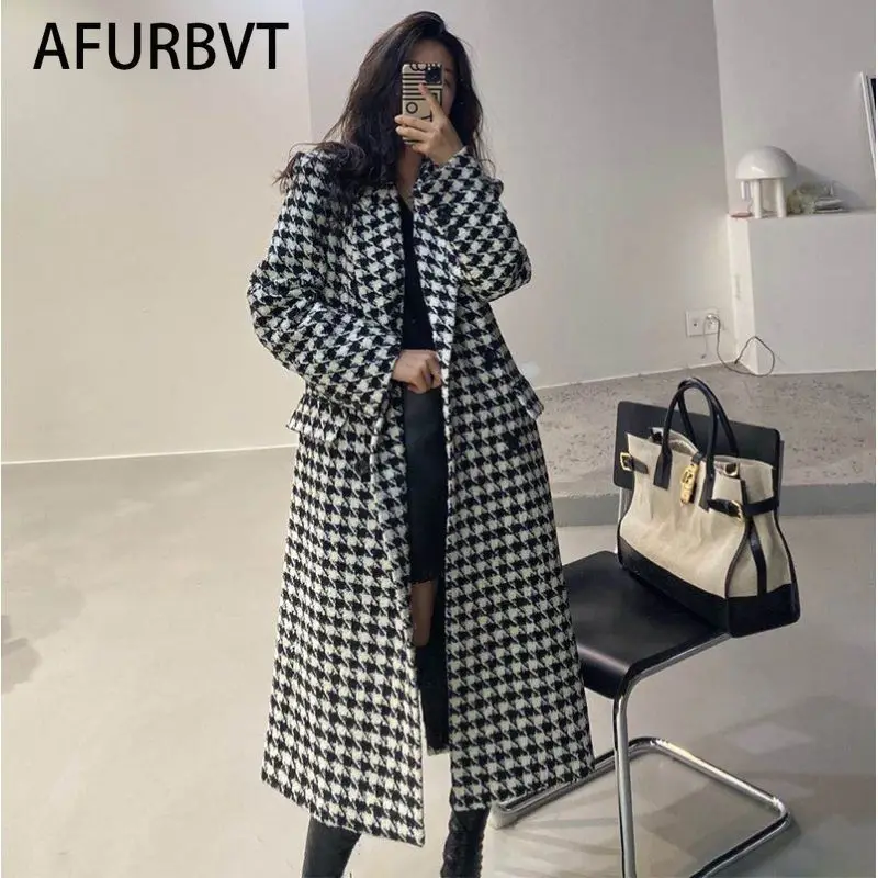

Женское шерстяное пальто в клетку, Черное длинное Свободное пальто в Корейском стиле, Осень-зима 2021