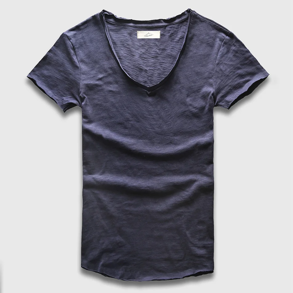 Zecmos Deep V Scoop Neck T-Shirt Men Basic Top Tees Men Casual Male Slim Fit T Shirt Luxury Curved Hem Navy Tee Muscle v placket curved dip hem blouse