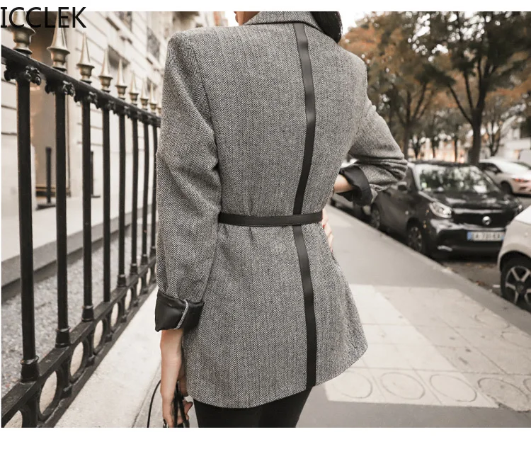 

ICCLEK Winter New Korean Style Women Temperament Slim Fit Leather Herringbone Fashion Professional Blazer Jacket with Belt
