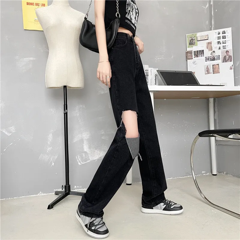 

Woman Ripped Jeans High Waist Clothes Wide Leg Denim Clothing Streetwear Vintage Quality 2021 Fashion Harajuku Straight Pants