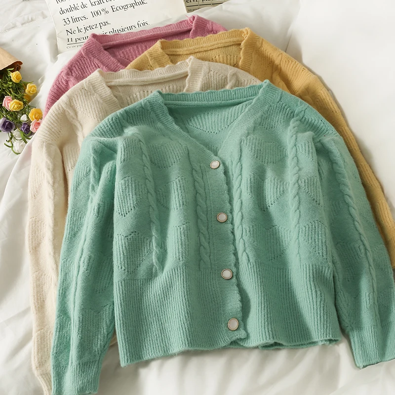 

Knit Sweater women Cardigans new wave side V-neck single-breasted cardigan tops autumn twist long-sleeved sweater jackets tide