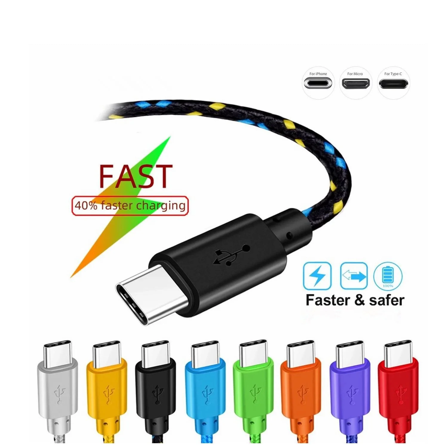 

Color circular braided data cable 1m 2m 3M for Apple micro type-C Android hand