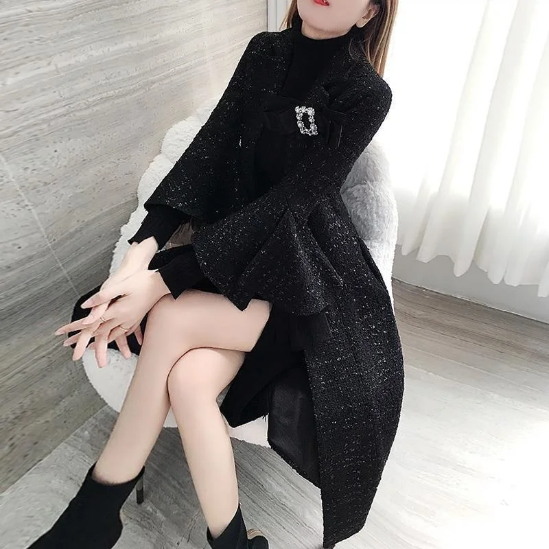 Office Lady Black Tweed Coat Women 2022 New Autumn Winter Clothes Korean Slim Fashion Patchwork Woolen Outwear Medium Long Style