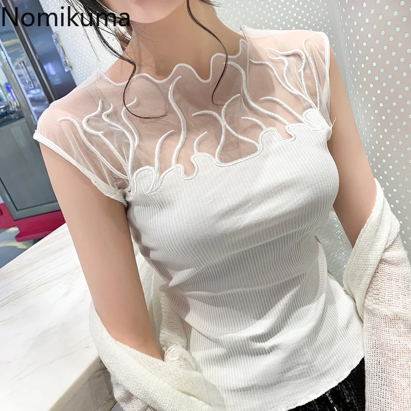 Nomikuma Новое поступление тонкая футболка без рукавов Женская сетчатая Лоскутная