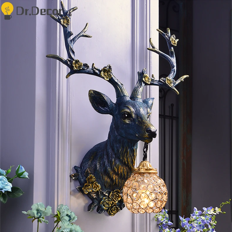 

America Ancient Loft Resin Sika Deer Wall Lamp Modern Attic Aisle Living Room Bedroom Wall Sconce Light Home indoor Vanity Light