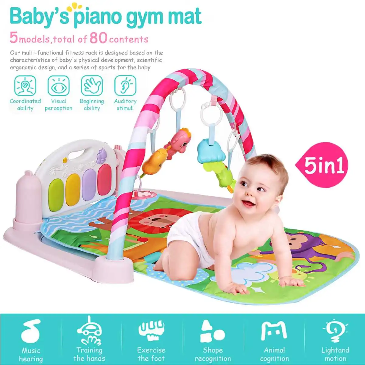 

5 in 1 Baby Plays Mat Toy Rug Baby Pedal Piano Play Music Crawling Mat Play Lay Sit Toys With Cute Animal Baby Gym Blanket