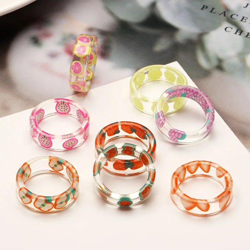

2021New Fashion Korea Colorful Resin Fruit Rings Set Metal Geometric Irregular Open For Women Party Wedding Set Jewelry
