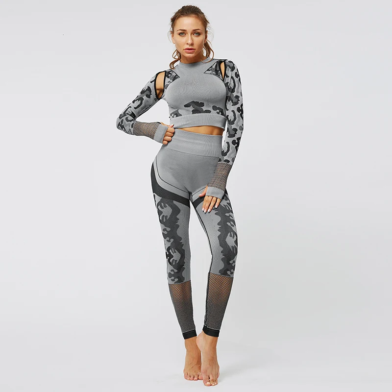 Yoga Set Fitness Clothing Camo Sports Wear For Women Gym Long Sleeve Tops Leggings Set Casual Hollow out Active Wear Woman