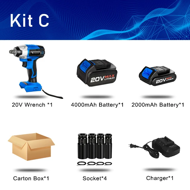 KIT C PROSTORMER беспроводной ключ 4000 нм максимальный крутящий момент торцевой ключ 20 в мАч литий-ионный аккумулятор гаечный ключ электроинструменты - Цвет: KIT C