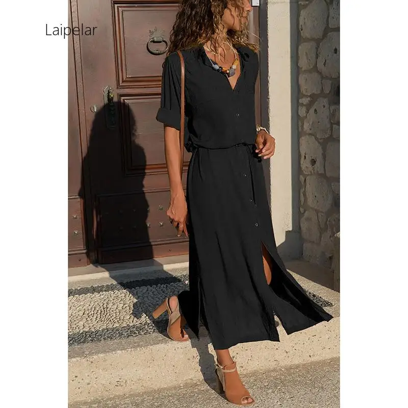 Женское длинное платье на пуговицах повседневное облегающее черного цвета с