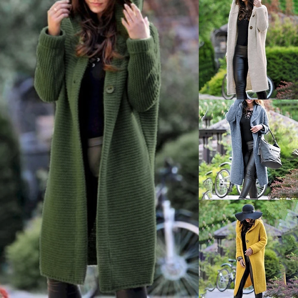 Женский вязаный свитер однотонный кардиган с капюшоном женский теплое плотное