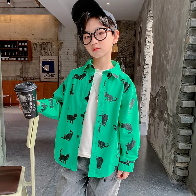 

Spring And Autumn Boys Button Shirt Casual Lapel Fashion Cartoon Print Yellow-green Thin Single-layer Jacket Boy Casual Shirt