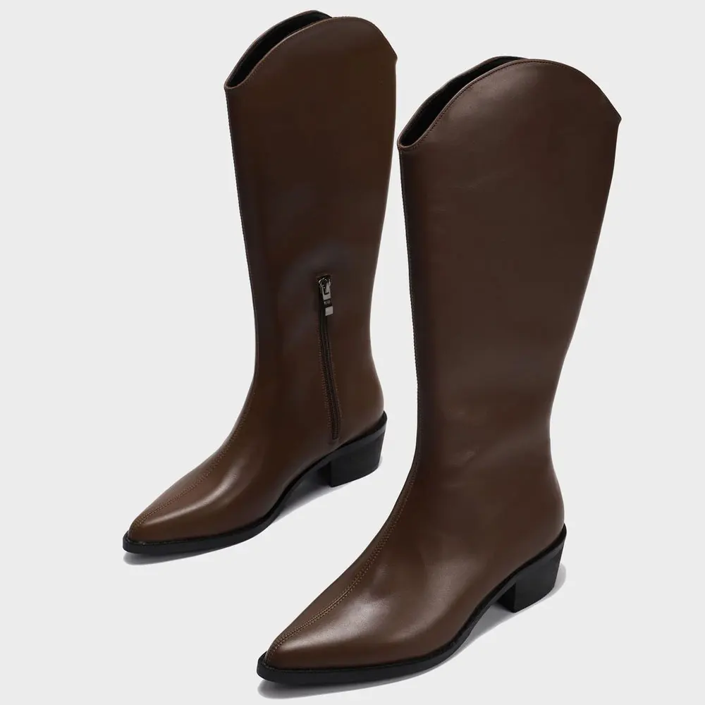 

Winter Retro Mid Heel Side Zipper Pointed Solid Color Knight Boots Fashion Plus Velvet Warmth Western Cowboy Long Boots Female
