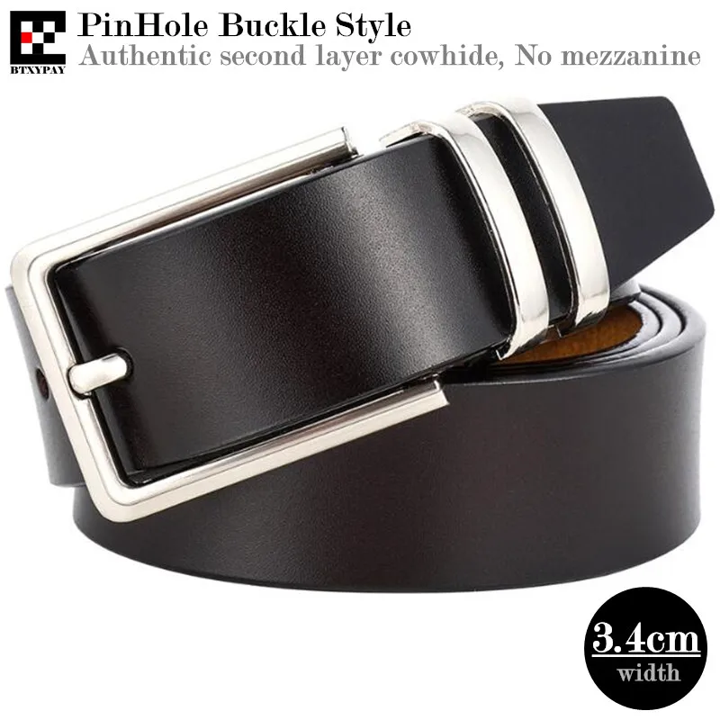 300pcs Authentic 3.4cm Width Men Genuine Leather Belts,Second Layer Cowhide PinHole Buckle Waistband,with Belt Buckle 115-125cm